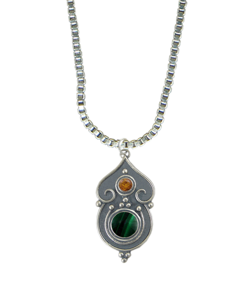 Sterling Silver Necklace Malachite And Amber